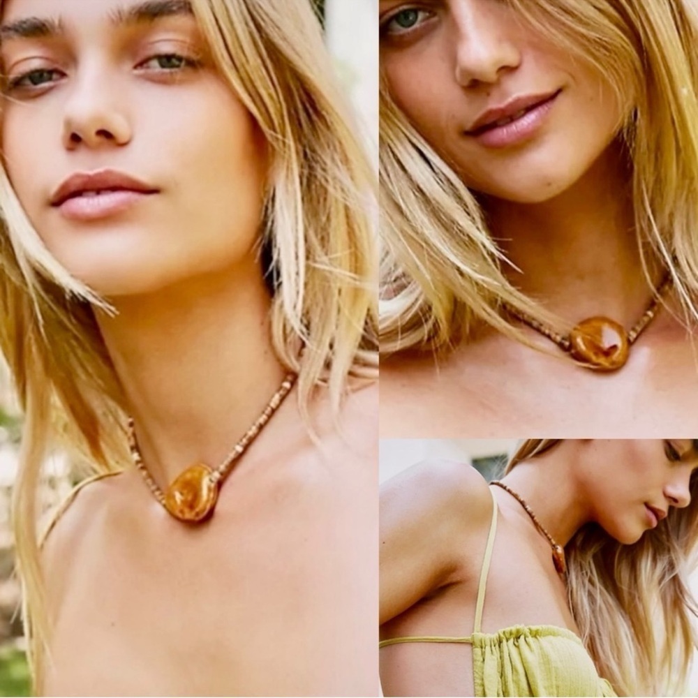 Free People Amber Beaded Stone Choker Necklace - Brown/Gold